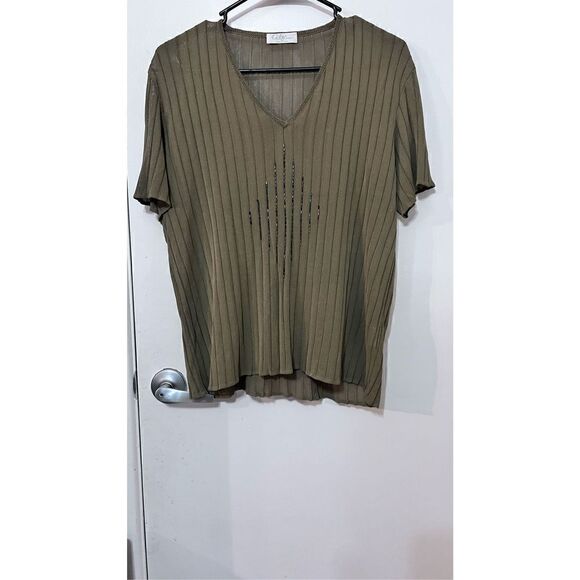 Gaby Tricot Women's Ribbed Short Sleeve V-Neck Tube Sequin Green T-Shirt Size L - Picture 3 of 10